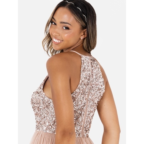 Maya Deluxe Fairy Tulle Sequin Embellished Halter Neck Maxi Dress Taupe Blush 8 - Picture 4 of 14